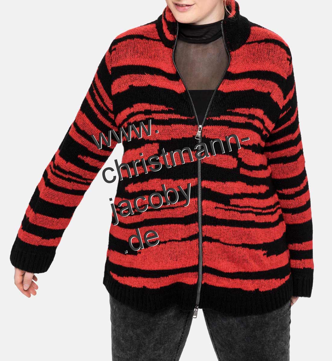 Jacquard-Muster-Cardigan, schwarz-rot