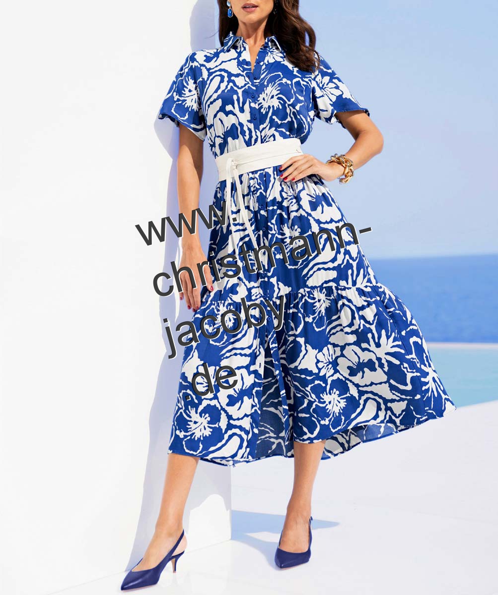 Druckkleid m. Hemdkragen und Glockenärmel, royalblau-ecru