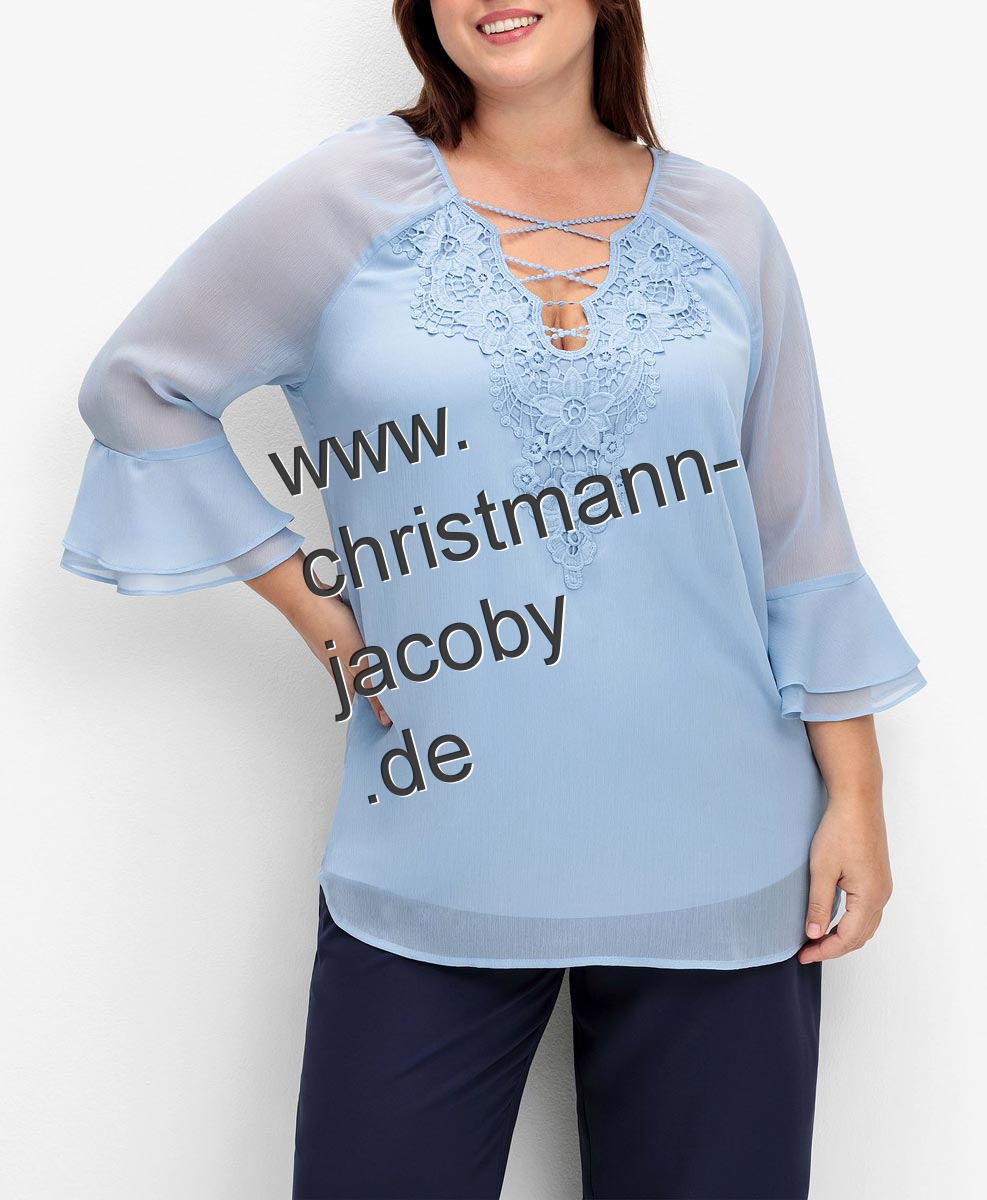 Chiffontunika m. Spitze und Volantärmeln, bleu