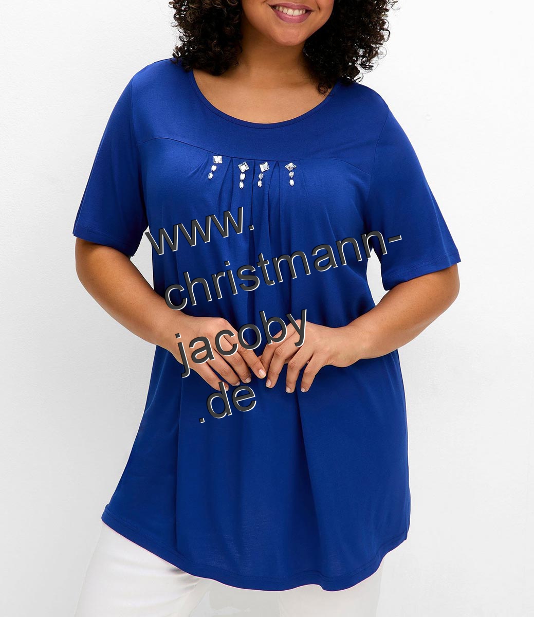 Shirt m. Kellerfalten und Ziersteinchen, blau