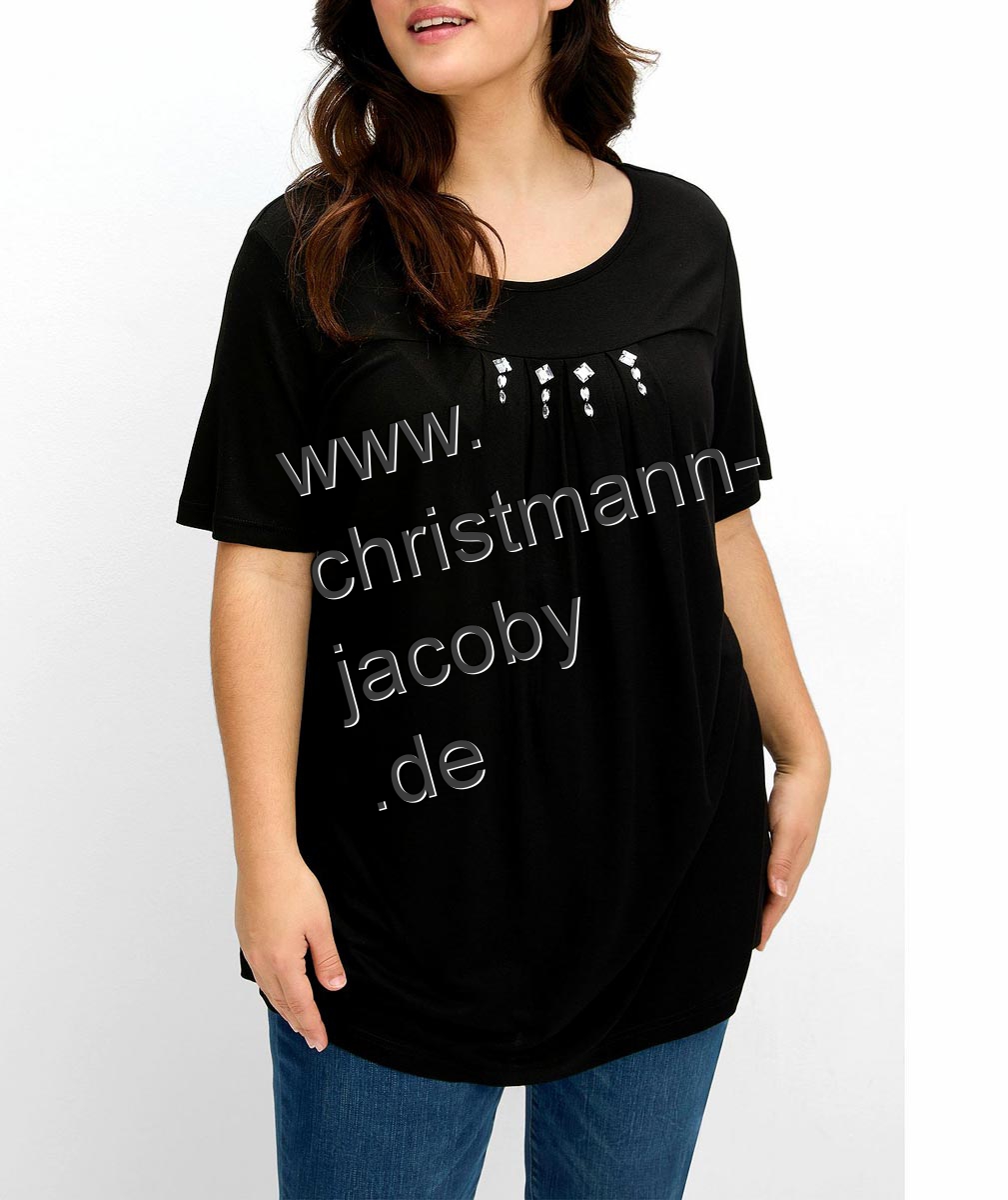 Shirt m. Kellerfalten und Ziersteinchen, schwarz