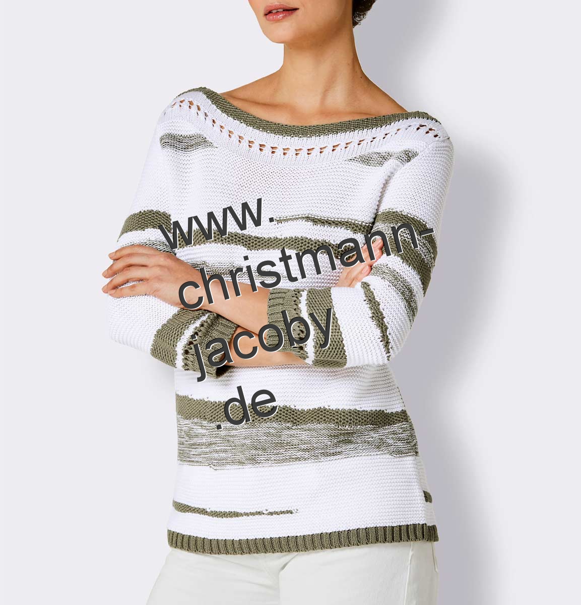 3/4 Arm-Pullover mit Lochmuster, weiß-khaki