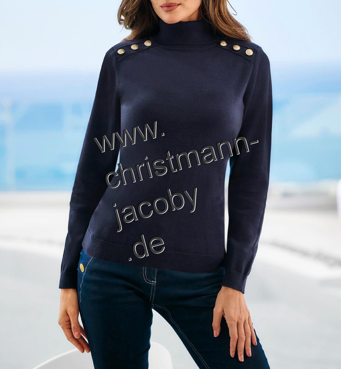 Rollkragenpullover m. Schmuckknöpfen, marine