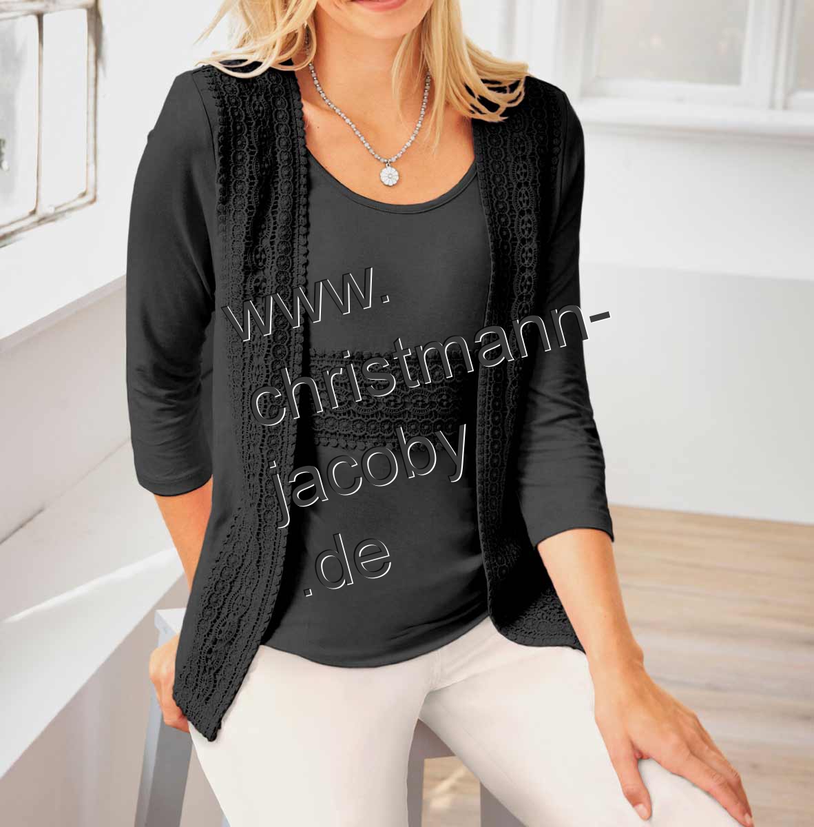 Designer-2-in-1-Shirt m.Spitze, schwarz