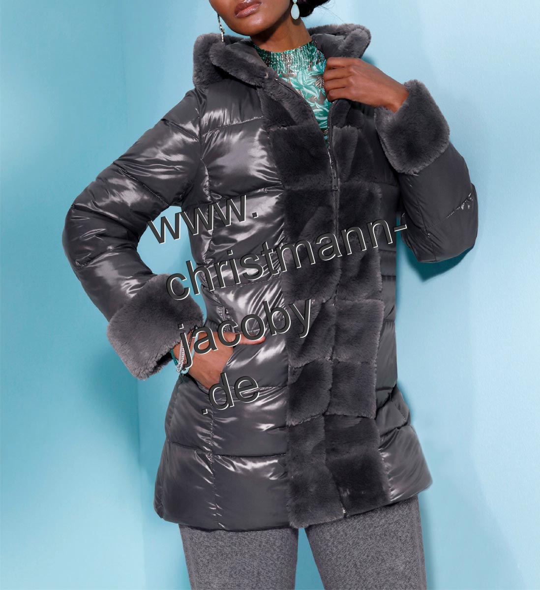 Long-Steppjacke m. Fellimitateinsatz, anthrazit