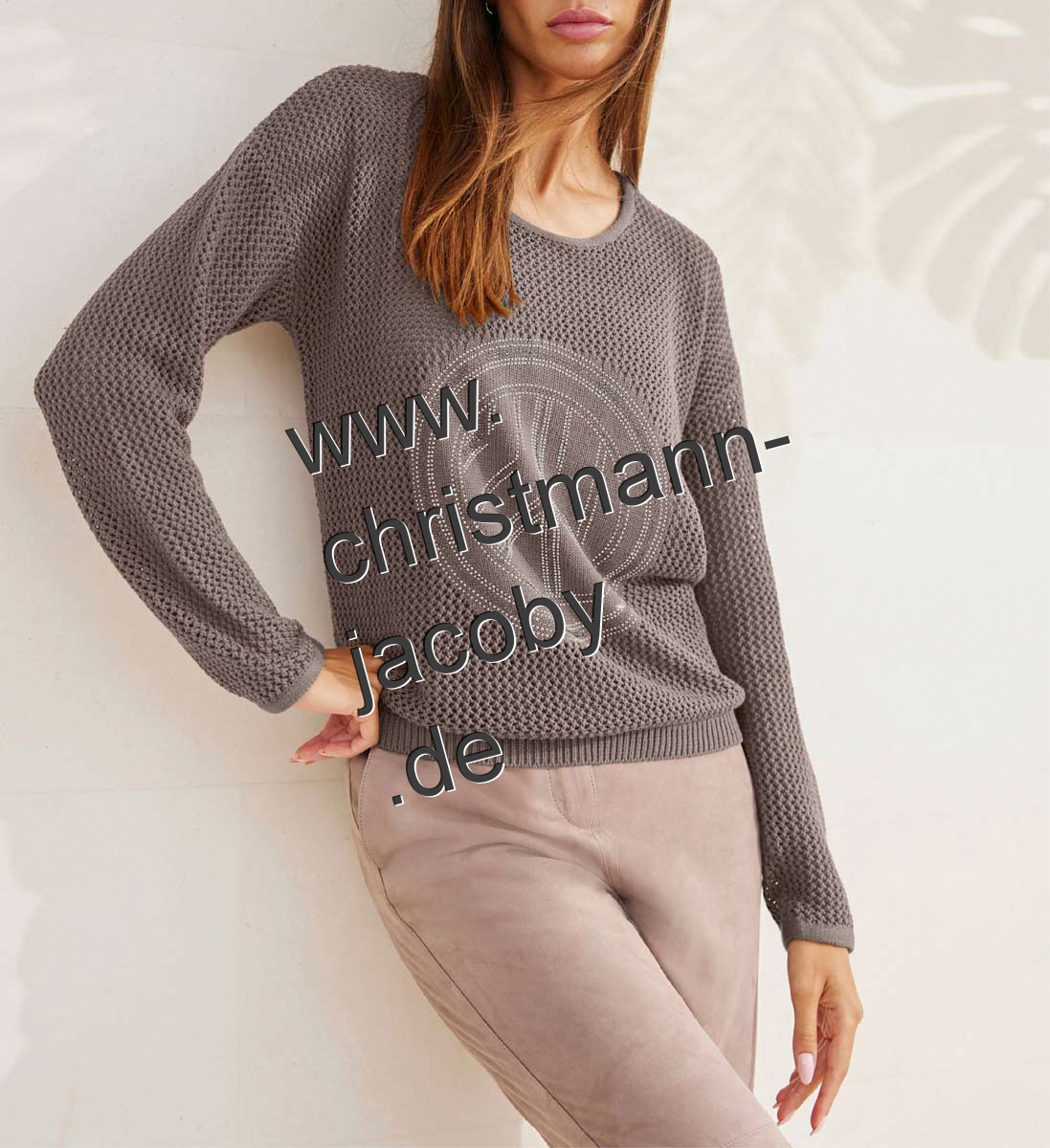 Ajourpullover mit Glitzersteinchen, taupe