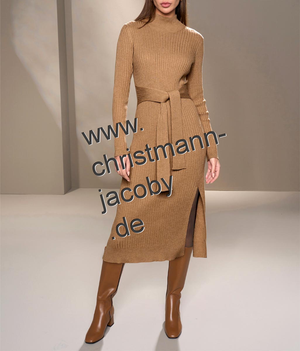 Rippenstrick-Kleid m. Bindegürtel, camel