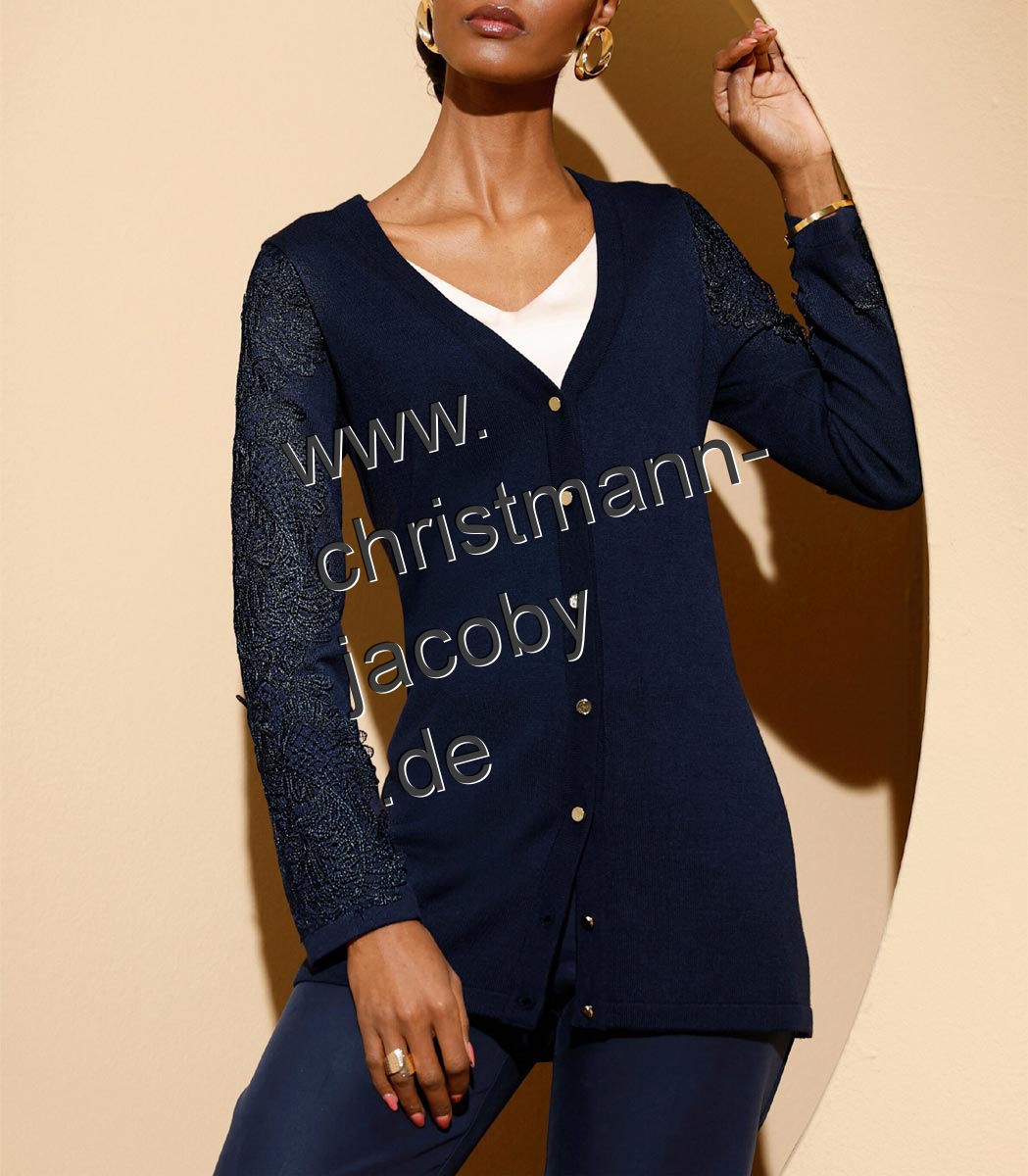 Strickjacke m. Spitze an den Ärmeln, marine