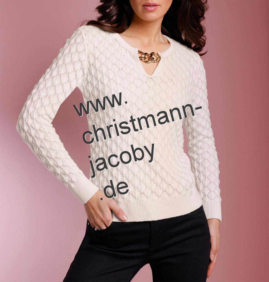 Kaschmir-Woll-Ajourpullover m. Zierkette, ecru