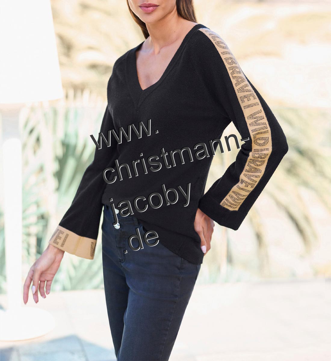 Pullover m. Schriftzug u. Glitzersteinchen, schwarz