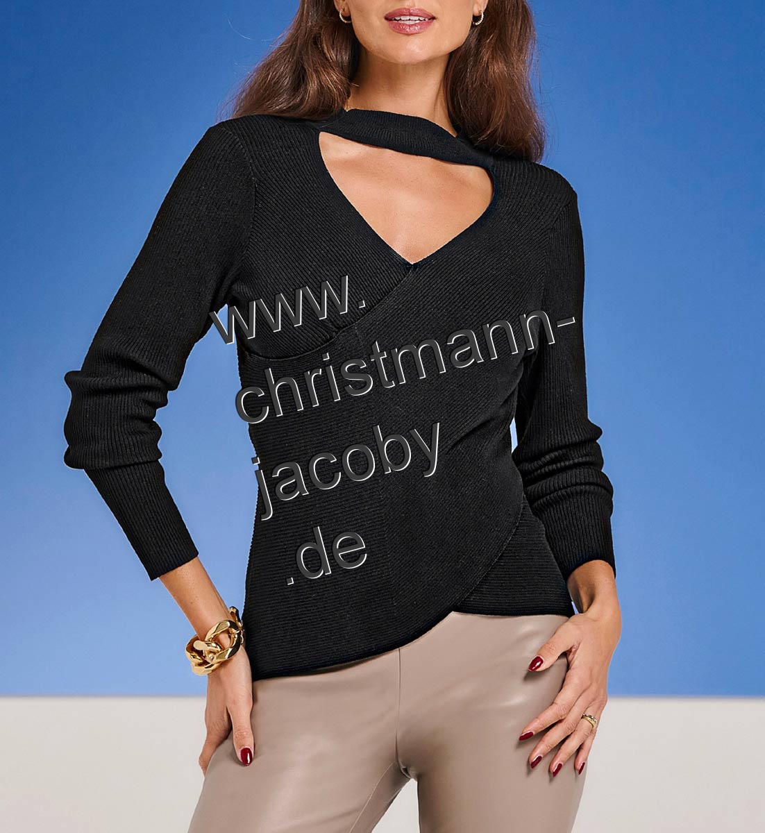 Wickel-Optik-Pullover m. Cut-Out, schwarz