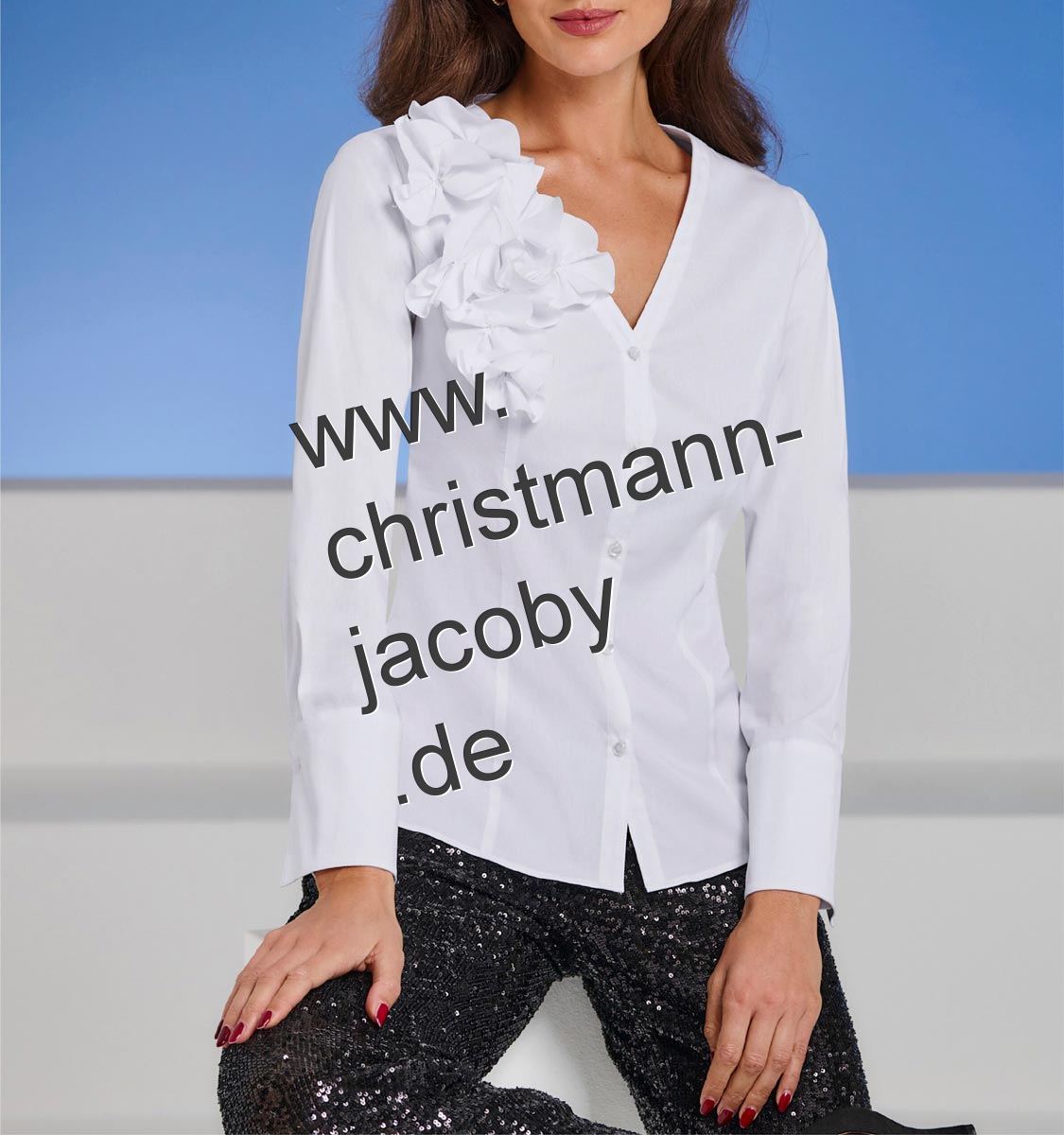 Langarm-Bluse mit Blüten-Applikation, weiß