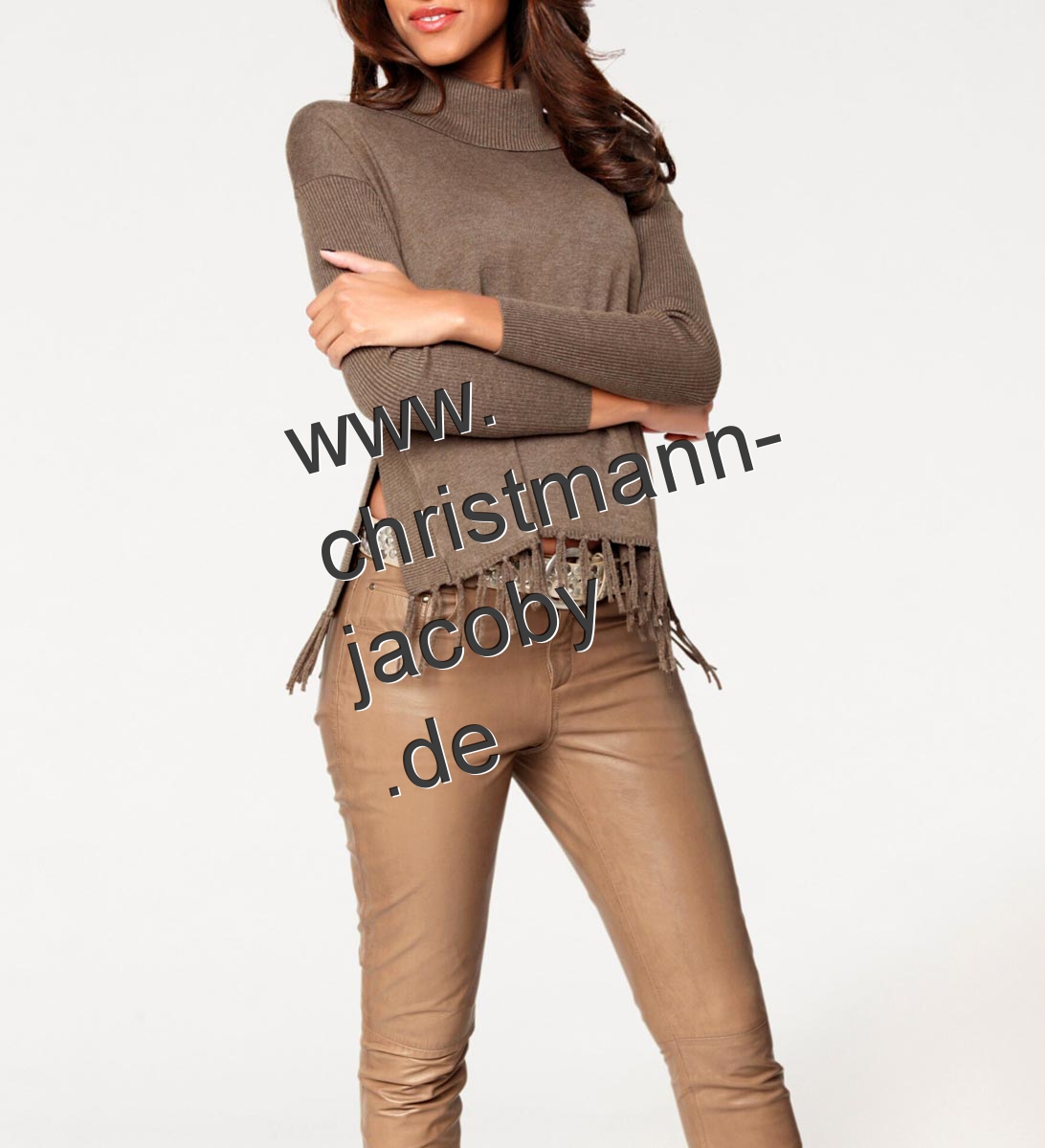 Rollkragenpullover m. Fransen, braun
